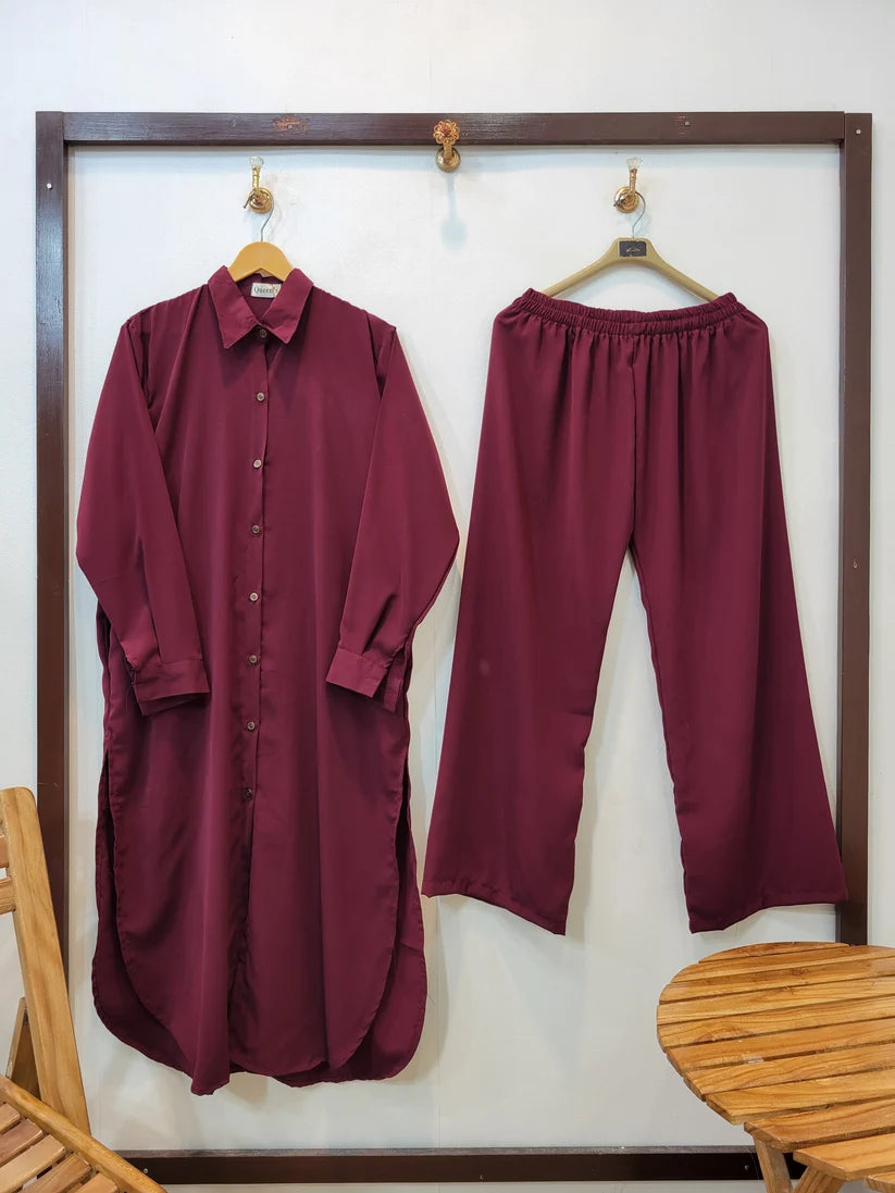 Elegance Long Shirt Coord (Maroon)