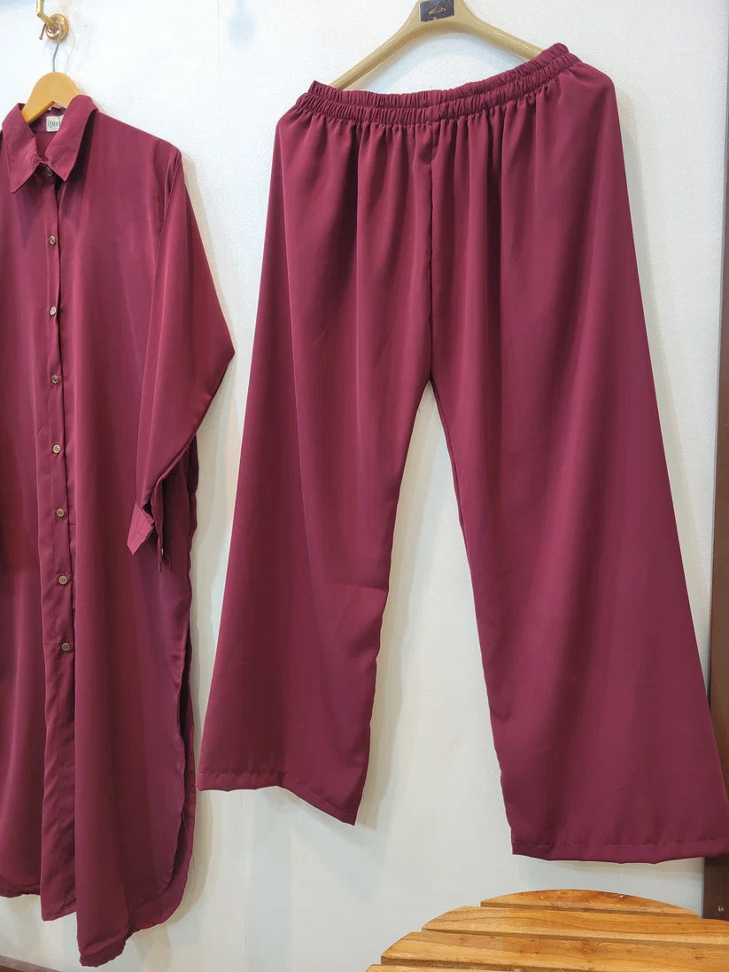 Elegance Long Shirt Coord (Maroon)