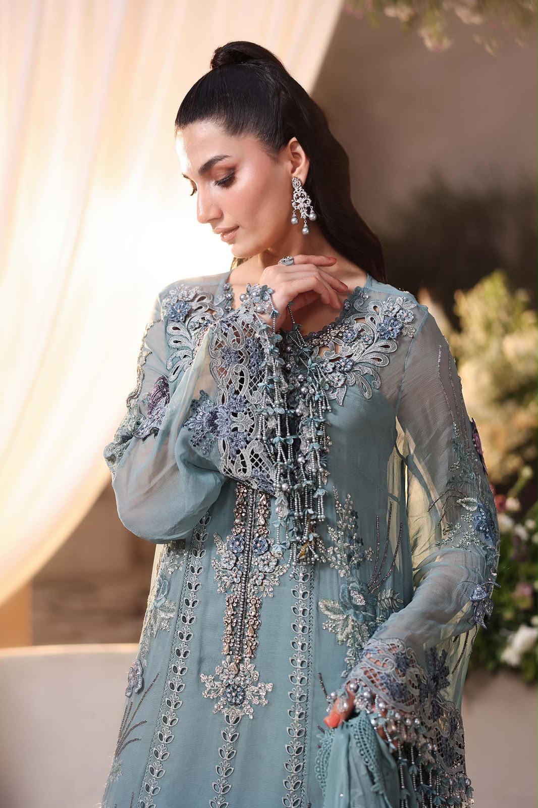 EMBROIDERED CHIFFON FRONT EMBELLISHED WITH 3D FLOWERS