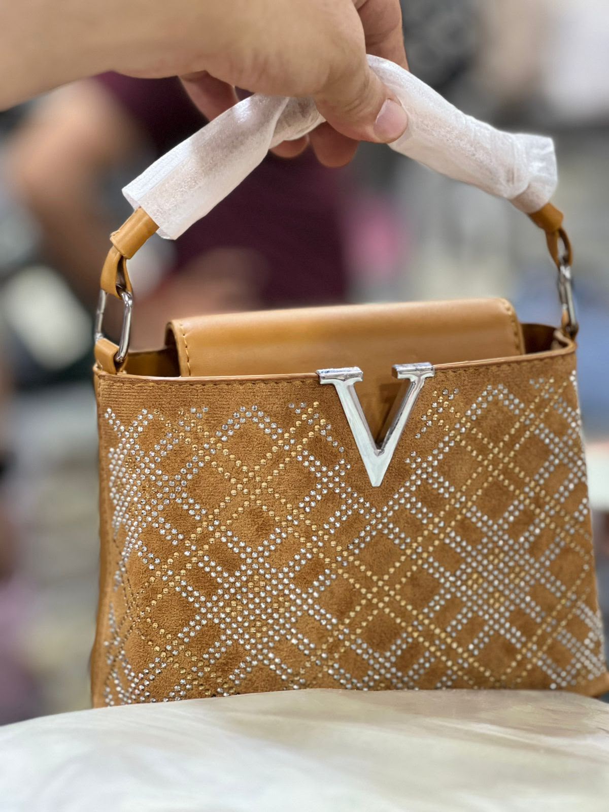 Rhinestone-Embellished Top-Handle Handbag