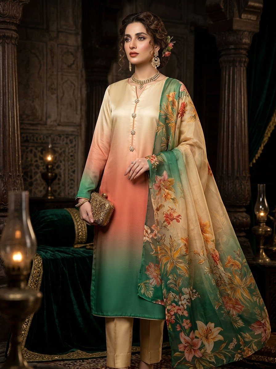 Digital Printed Shamooz Silk Three Piece-Unstitched