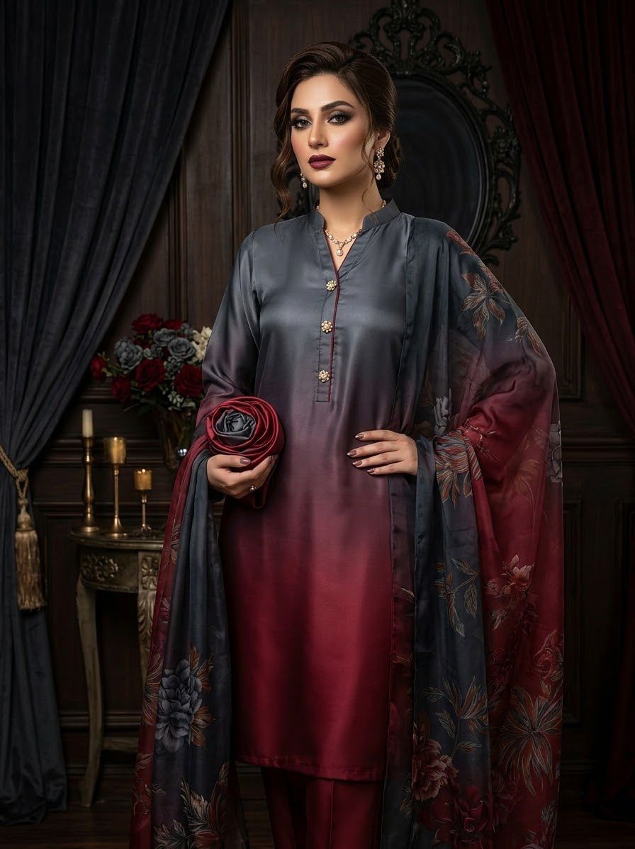 Digital Printed Shamooz Silk Three Piece-Unstitched