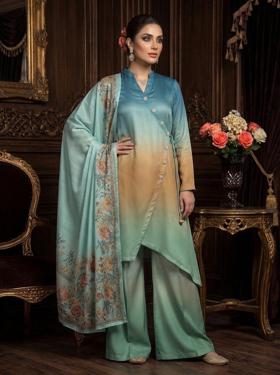 Digital Printed Shamooz Silk Three Piece-Unstitched