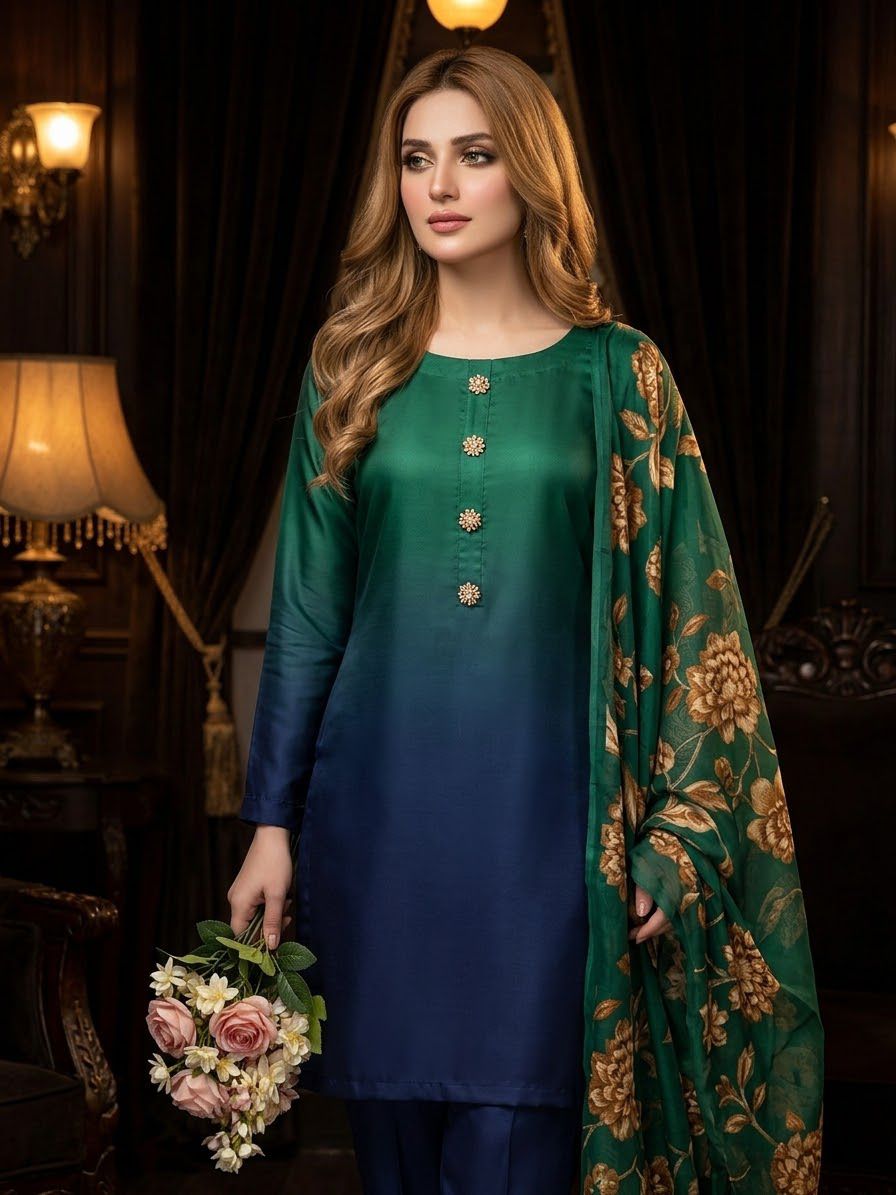 Digital Printed Shamooz Silk Three Piece-Unstitched