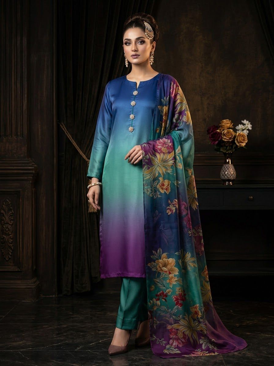 Digital Printed Shamooz Silk Three Piece-Unstitched