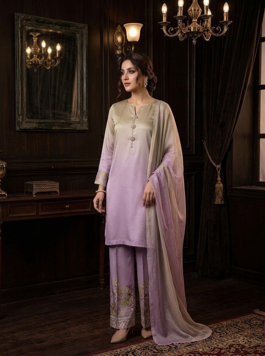Digital Printed Shamooz Silk Three Piece-Unstitched
