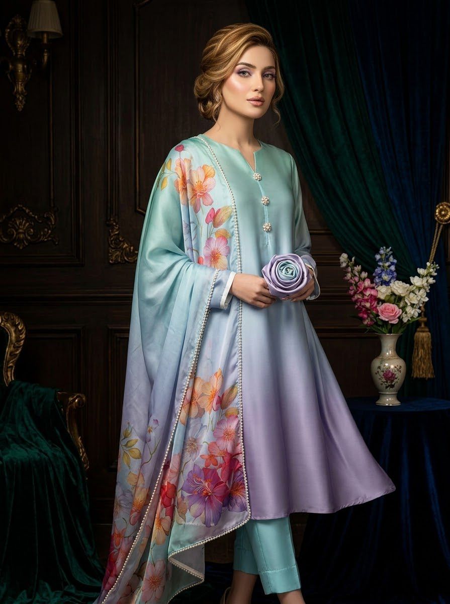 Digital Printed Shamooz Silk Three Piece-Unstitched