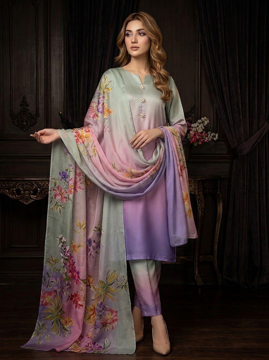 Digital Printed Shamooz Silk Three Piece-Unstitched