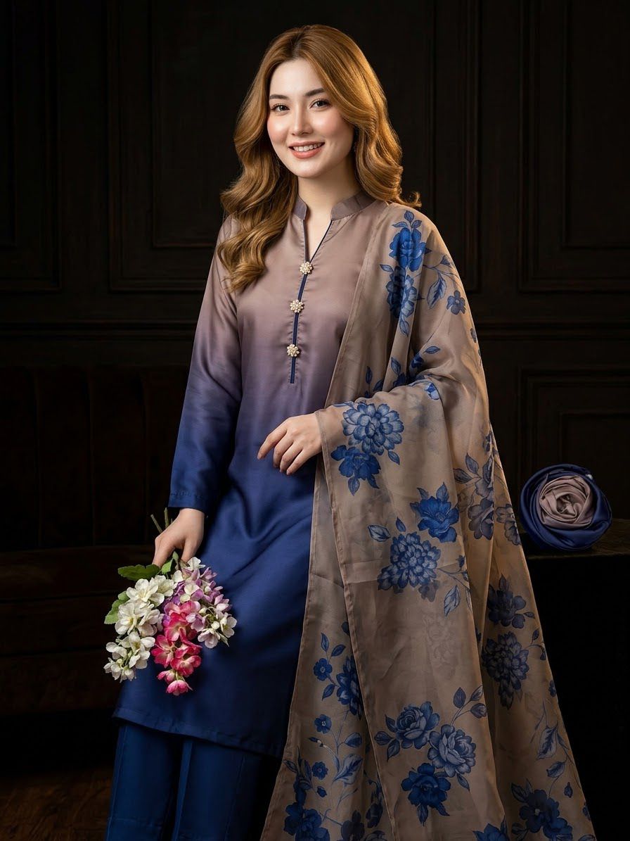 Digital Printed Shamooz Silk Three Piece-Unstitched