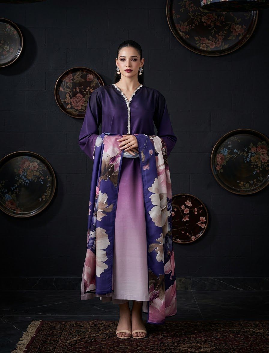 Digital Printed Shamooz Silk Three Piece-Unstitched