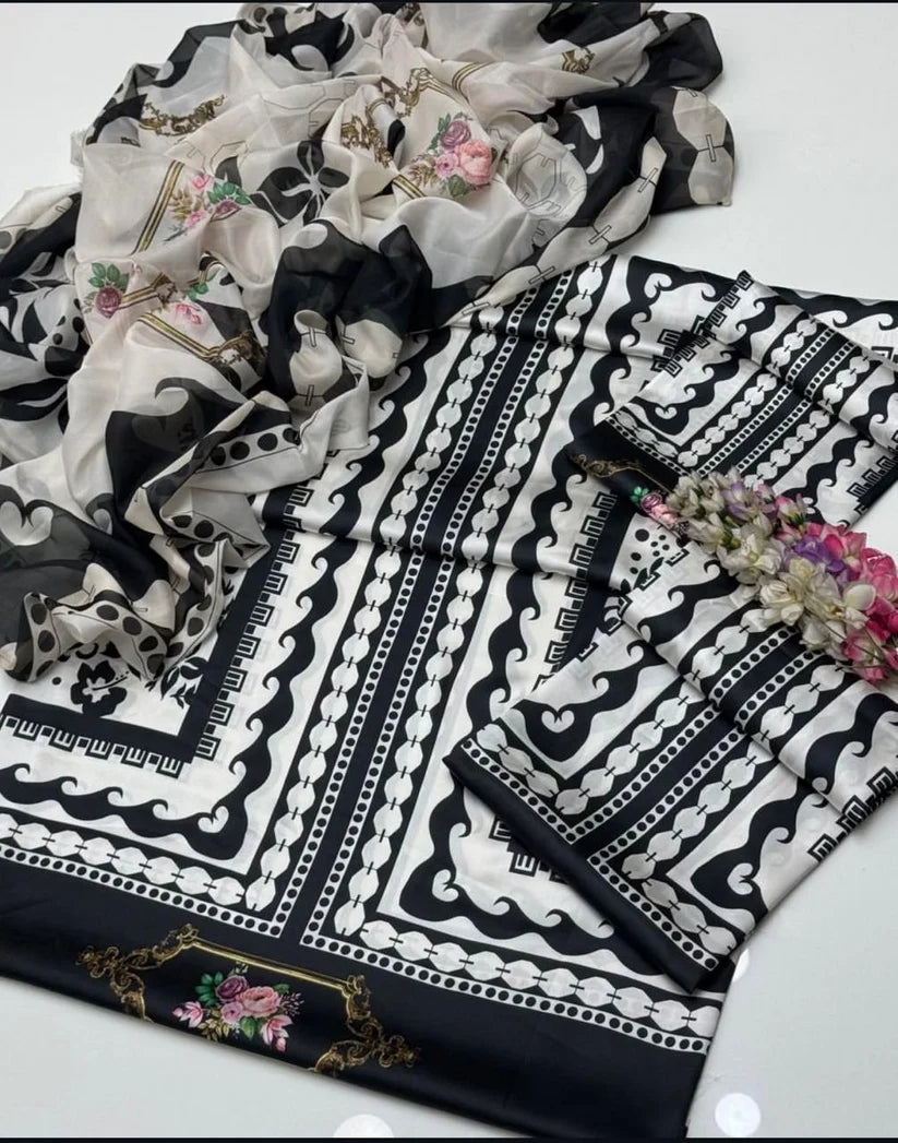 DIgital Printed Shamooz Silk Three piece-Unstitched