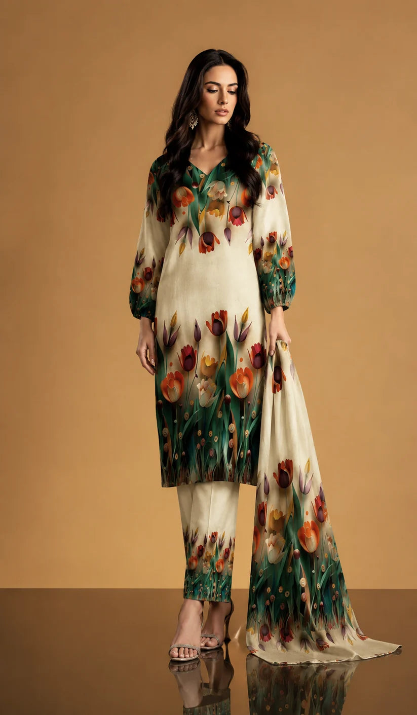 DIgital Printed Shamooz Silk Three piece-Unstitched
