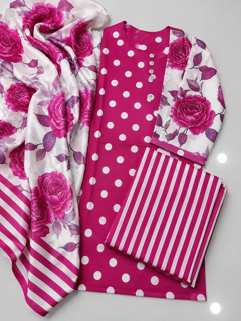 DIgital Printed Shamooz Silk Three piece-Unstitched