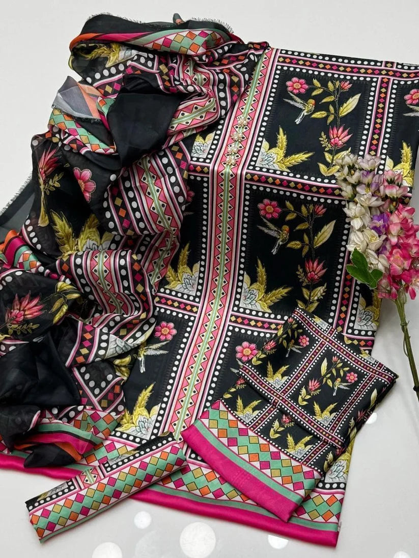 DIgital Printed Shamooz Silk Three piece-Unstitched