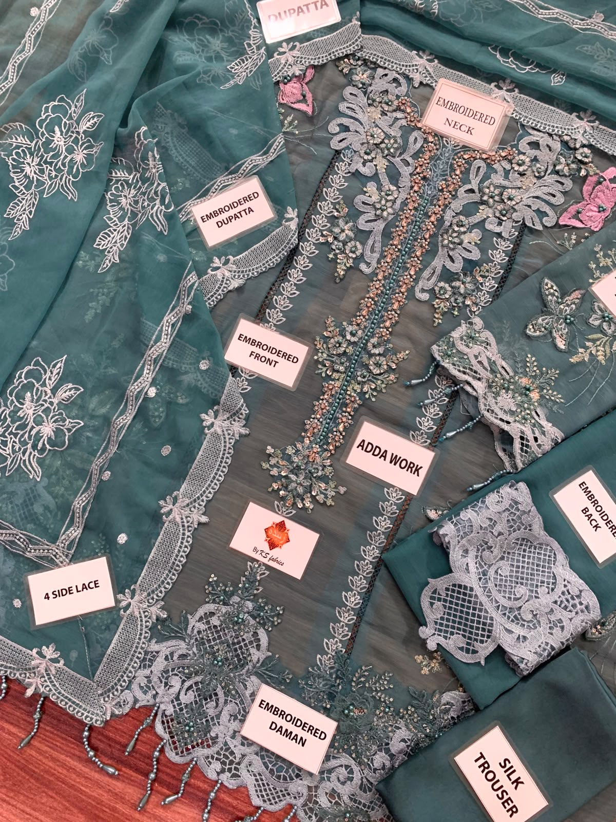 HEAVY EMBROIDERED CHIFFON FRONT EMBELLISHED WITH 3D FLOWERS